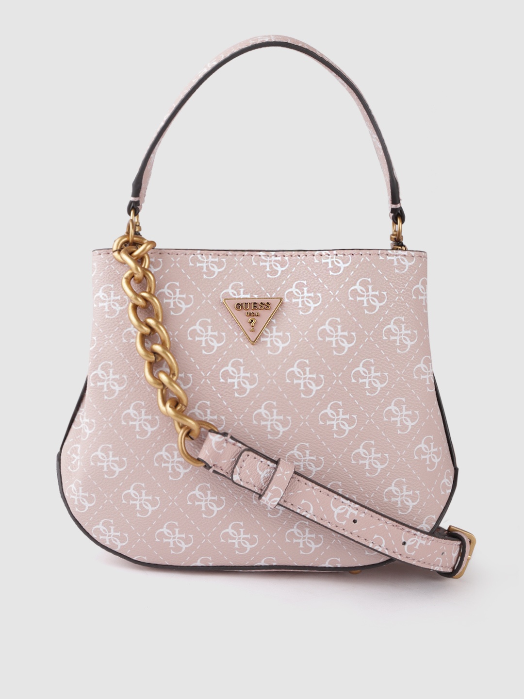 GUESS Women Pink 7 White Brand Logo Printed Structured Handheld Bag