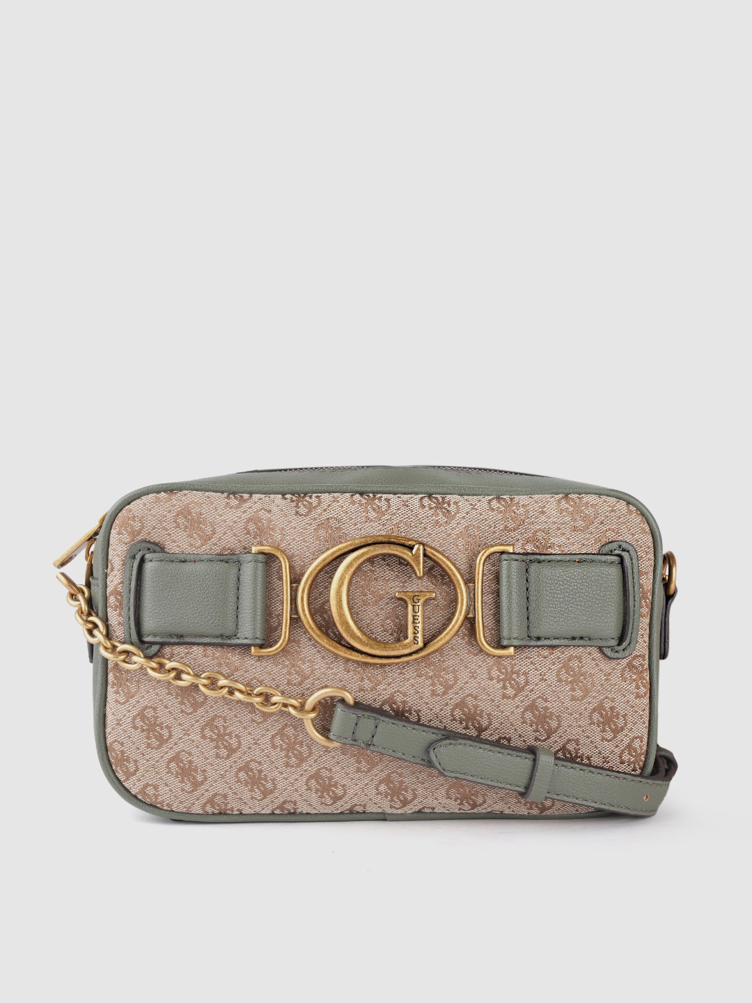 GUESS Beige & Olive Green Brand Logo Print Structured Sling Bag