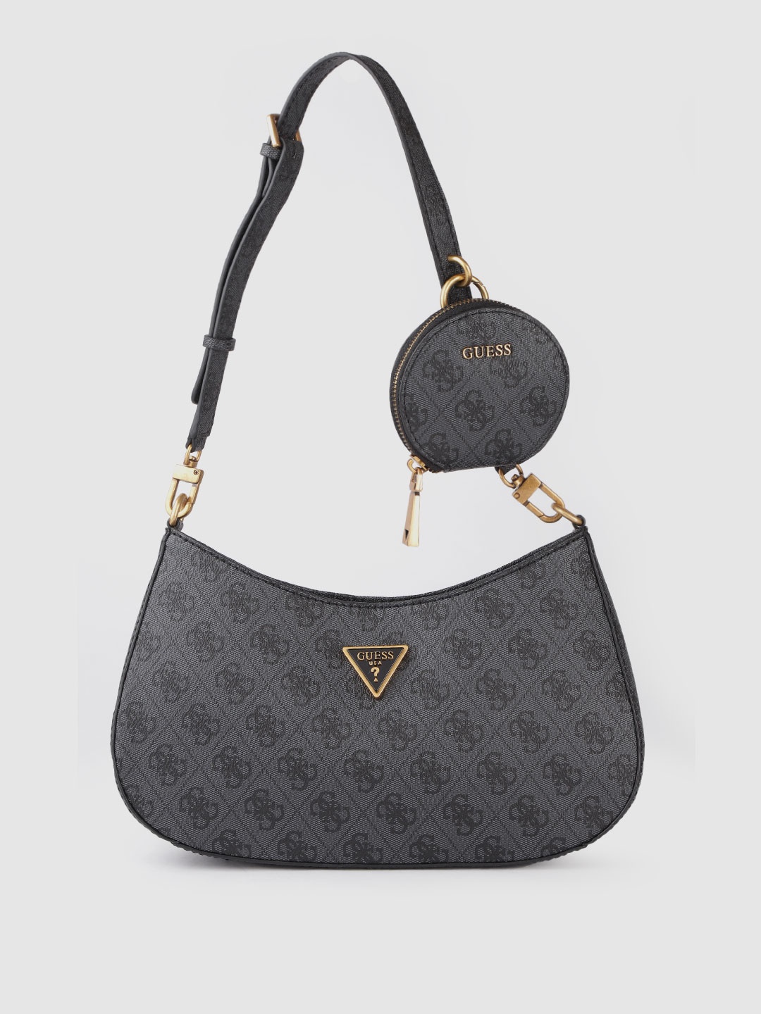 GUESS Women Black Brand Logo Print Structured Shoulder Bag