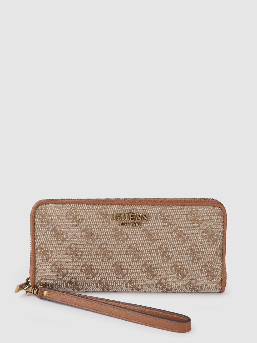 GUESS Women Beige & Brown Brand Logo Print Zip Around Wallet