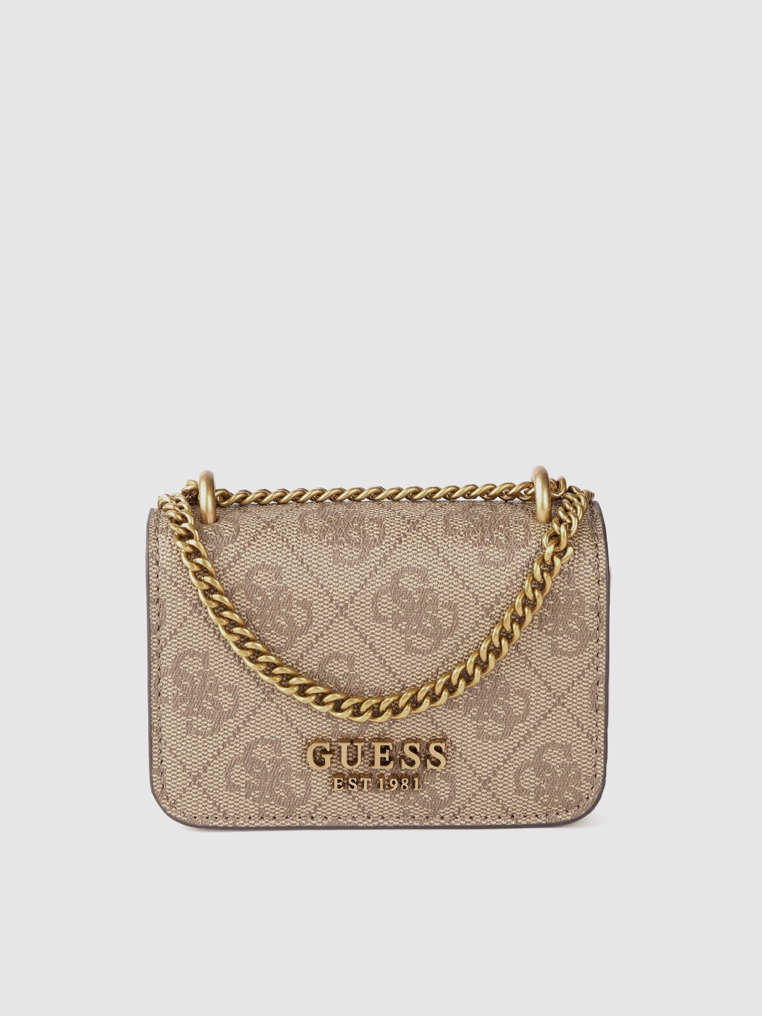 GUESS Women Beige & Brown Brand Logo Print Structured Sling Bag