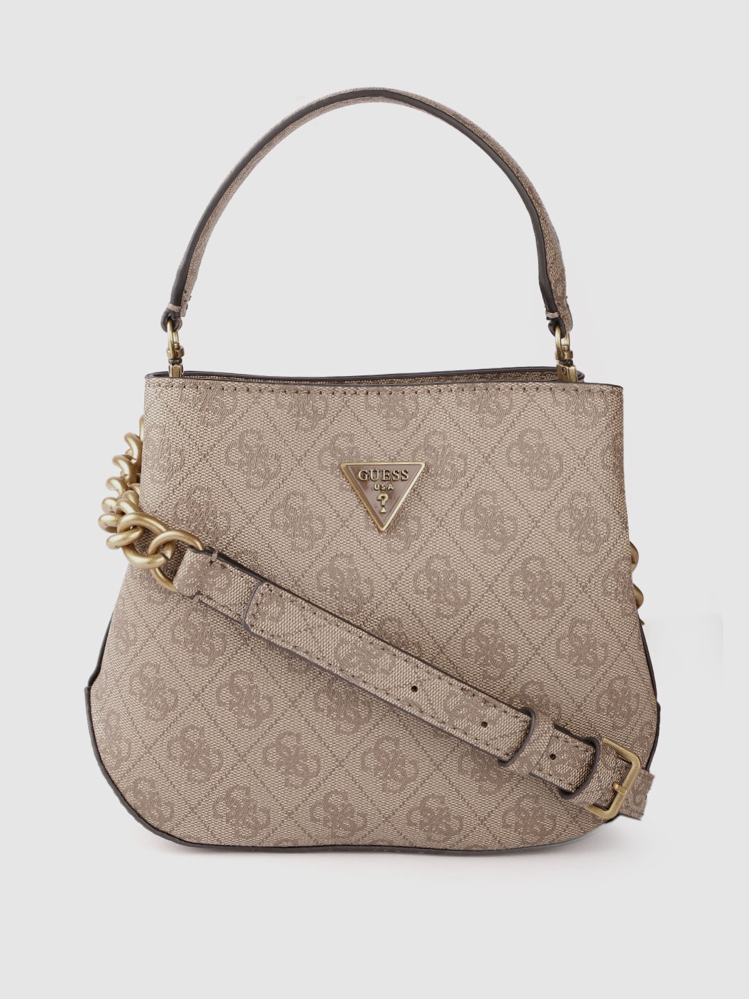 GUESS Women Beige Brand Logo Print Structured Sling Bag