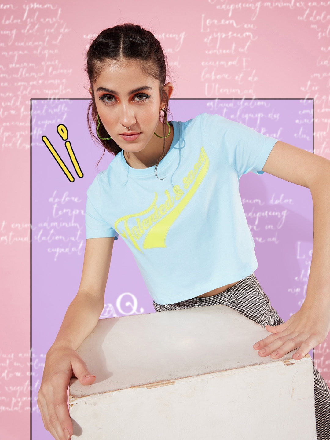 HERE&NOW Women Blue Pure Cotton Typography Printed Round Neck T-shirt