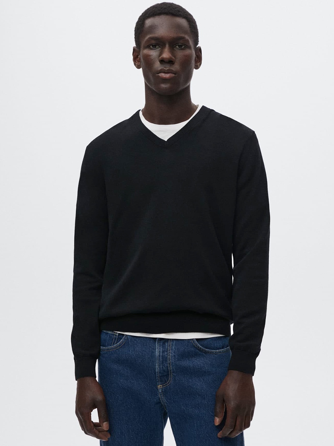 MANGO MAN Black Pure Cotton Solid Pullover Sweater