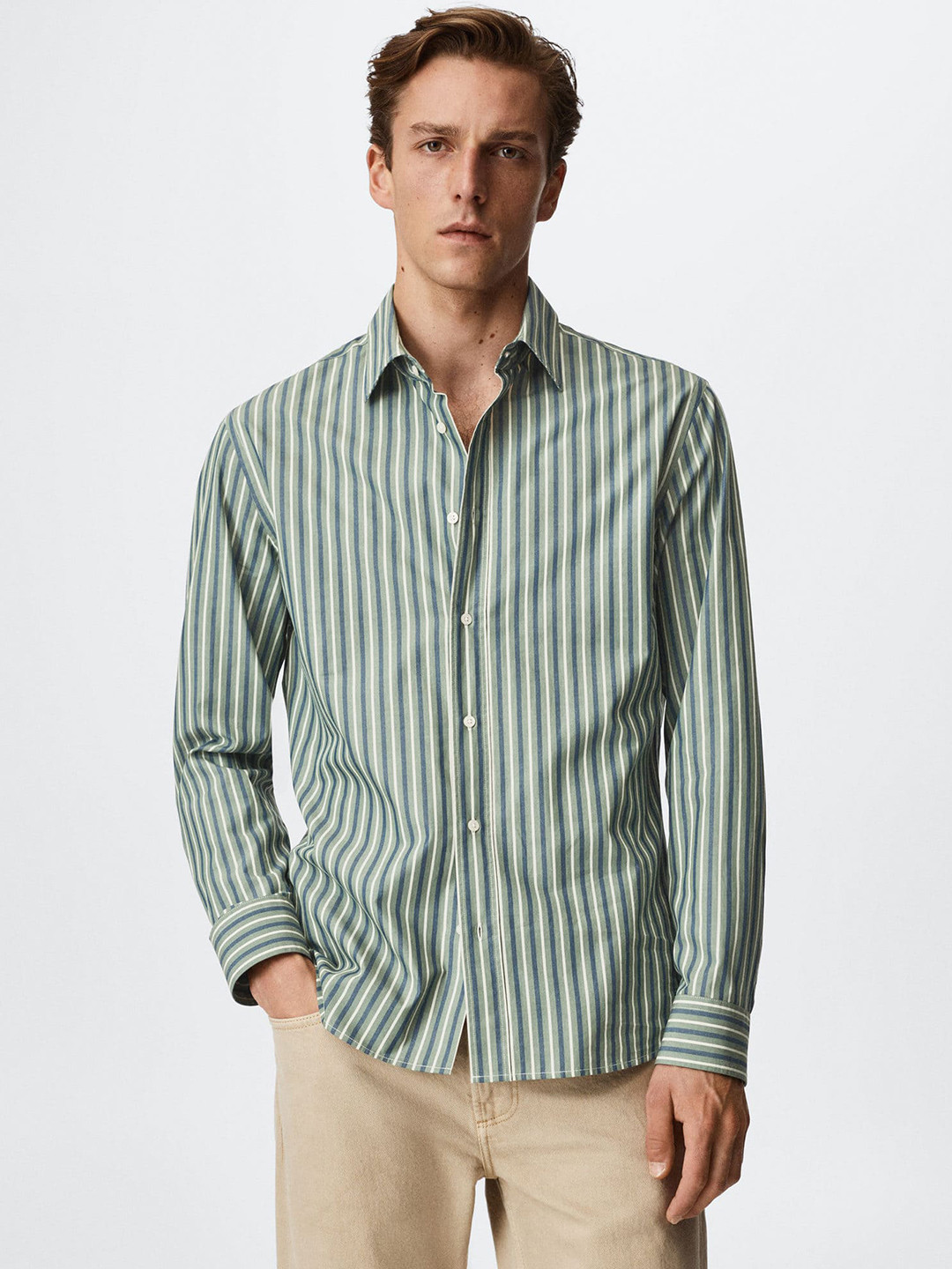 MANGO MAN Green & Navy Blue Pure Cotton Slim Fit Striped Sustainable Casual Shirt
MANGO MAN Green & Navy Blue Pure Cotton Slim Fit Striped Sustainable Casual Shirt