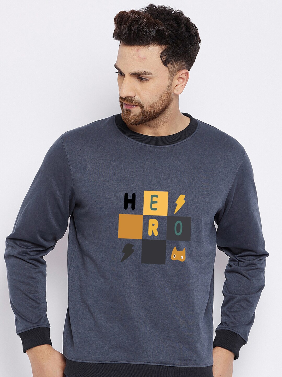 FRENCH FLEXIOUS Men Navy Blue Printed Cotton Sweatshirt