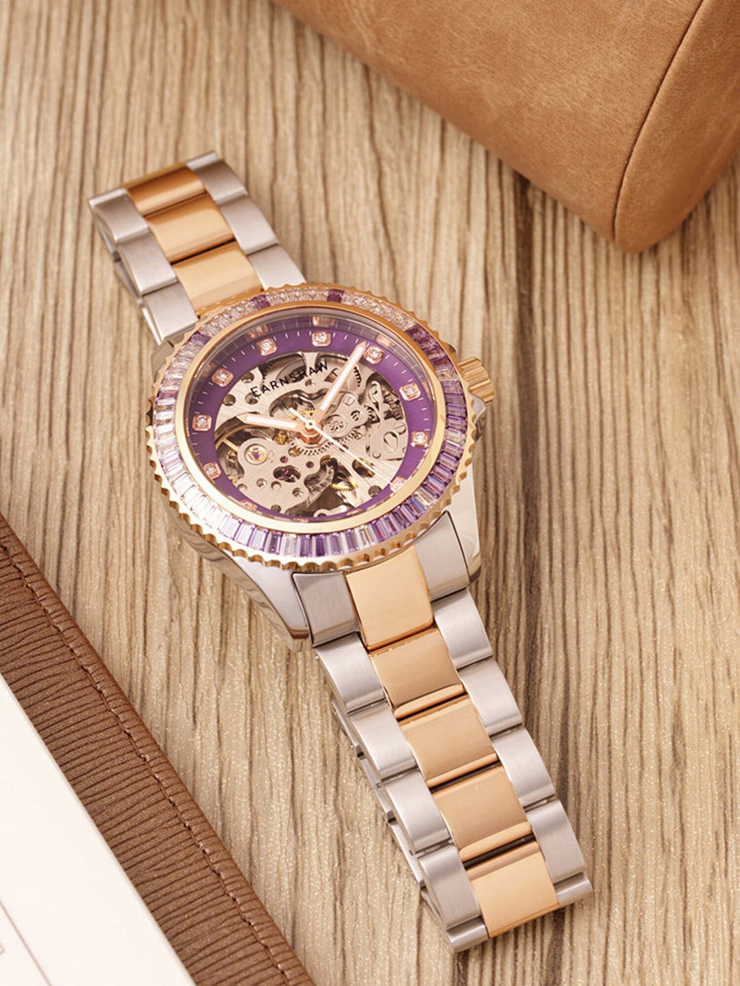 EARNSHAW Women Purple Brass Embellished Dial & Gold Toned Stainless Steel Bracelet Style Straps Analogue Watch
EARNSHAW Women Purple Brass Embellished Dial & Gold Toned Stainless Steel Bracelet Style Straps Analogue Watch