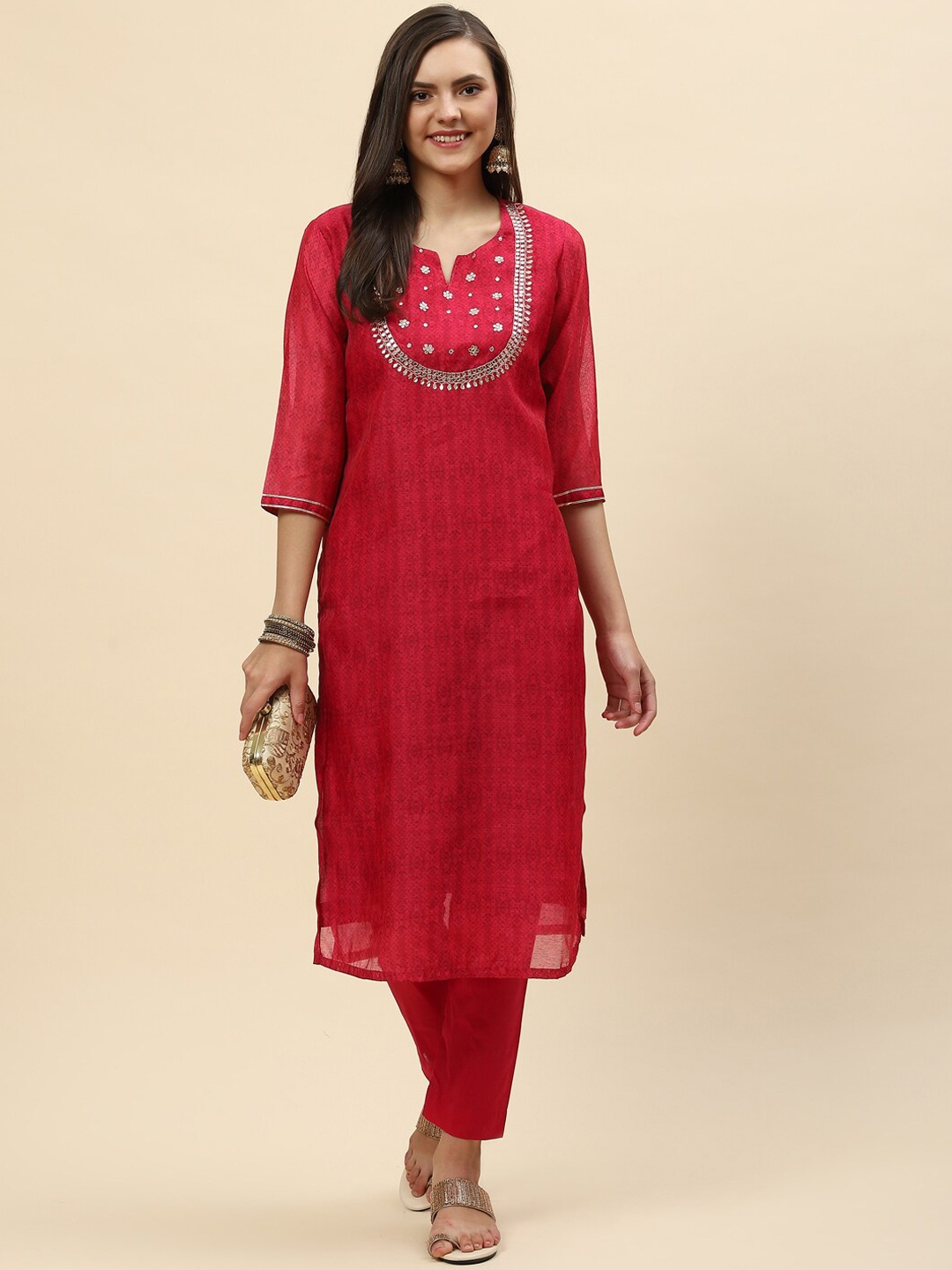 Meena Bazaar Women Pink Ethnic Motifs Printed Beads and Stones Chanderi Silk Kurta with Trousers
Meena Bazaar Women Pink Ethnic Motifs Printed Beads and Stones Chanderi Silk Kurta with Trousers