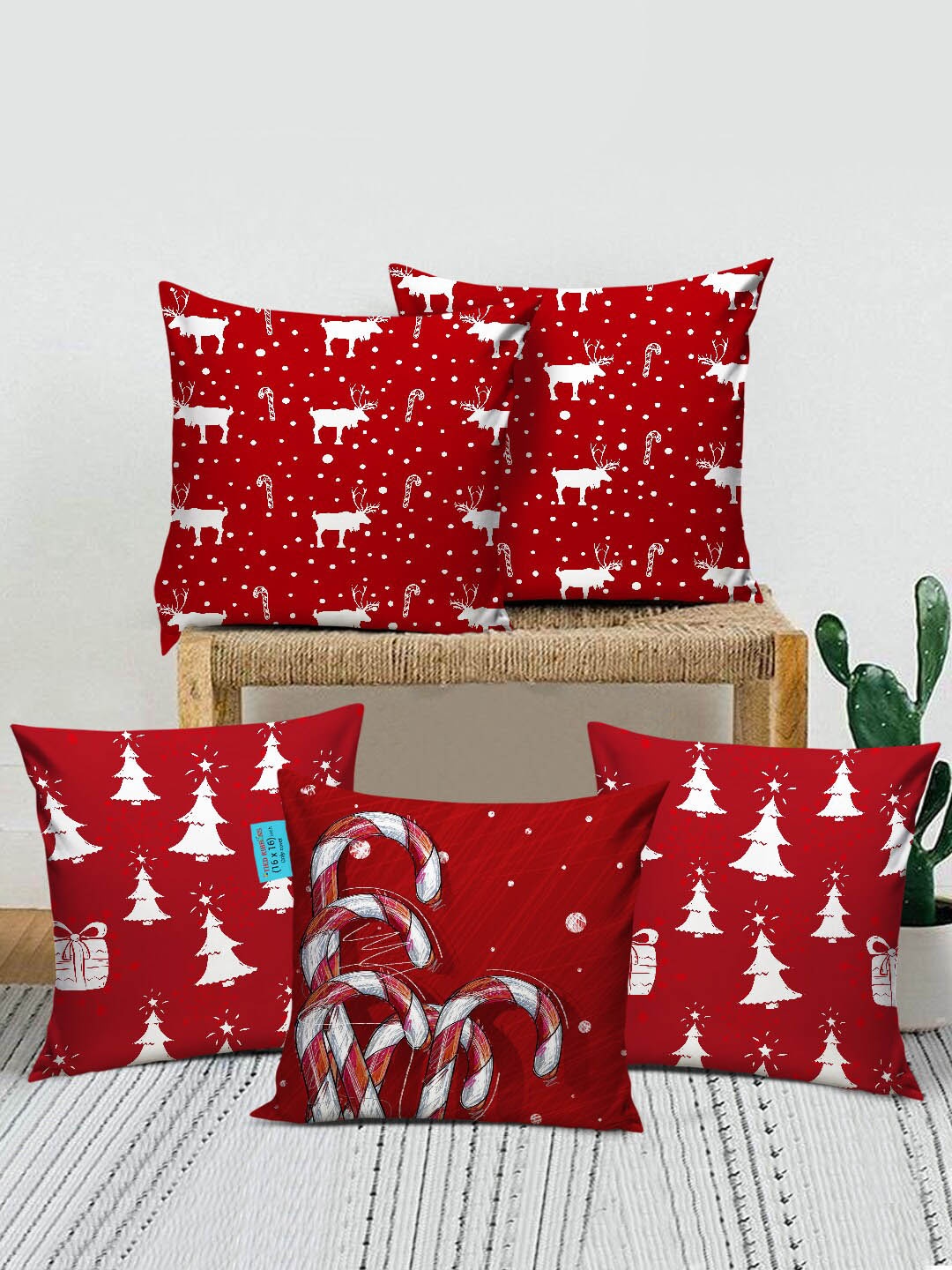 TIED RIBBONS Maroon & White Set of 5 Graphic Printed Square Cushion Covers