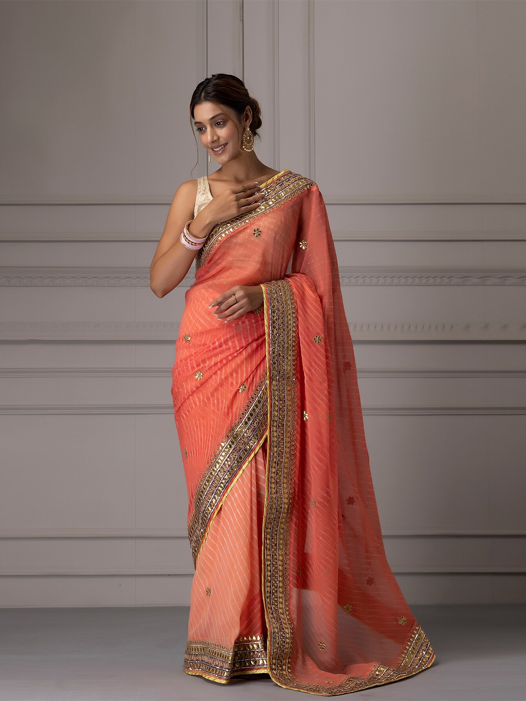 Geroo Jaipur Peach-Coloured & Gold-Toned Floral Gotta Patti Pure Georgette Saree