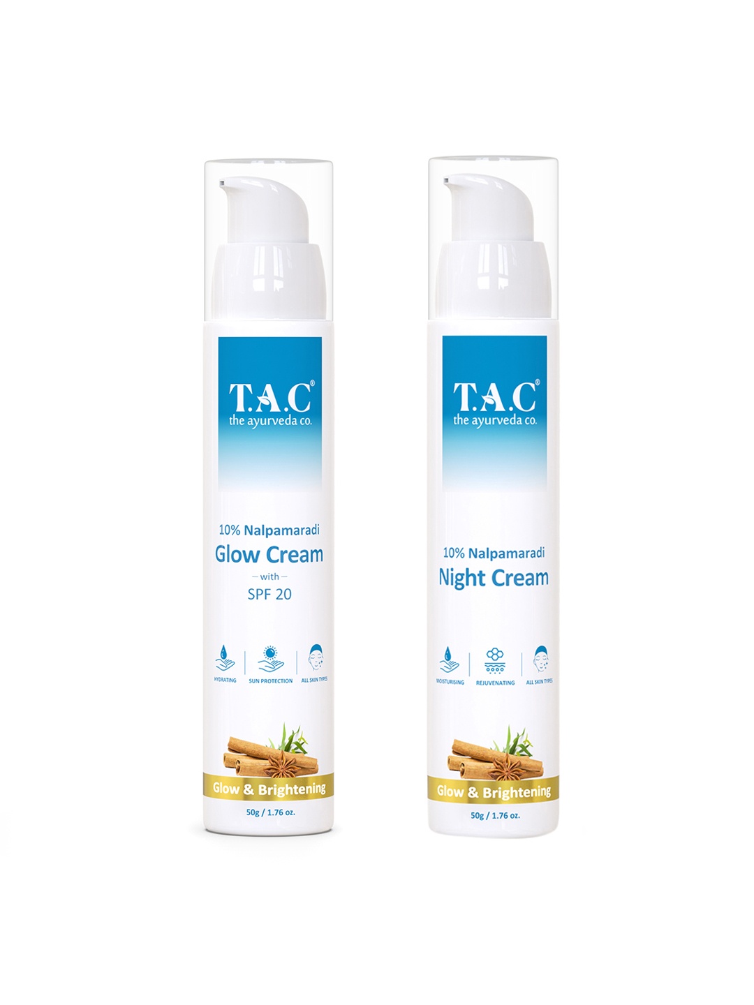 TAC - The Ayurveda Co. Combo Of 10% Nalpamaradi Night Cream & SPF 20 Glow Cream - 50g Each, White
TAC - The Ayurveda Co. Combo Of 10% Nalpamaradi Night Cream & SPF 20 Glow Cream - 50g Each, White