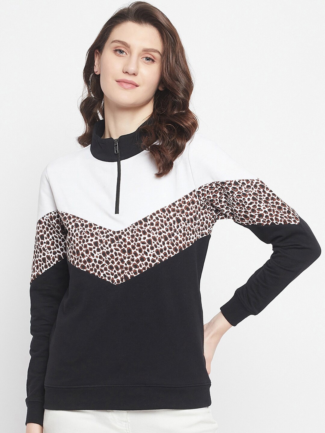 HARBOR N BAY Women Black Printed High Neck Cotton Sweatshirt