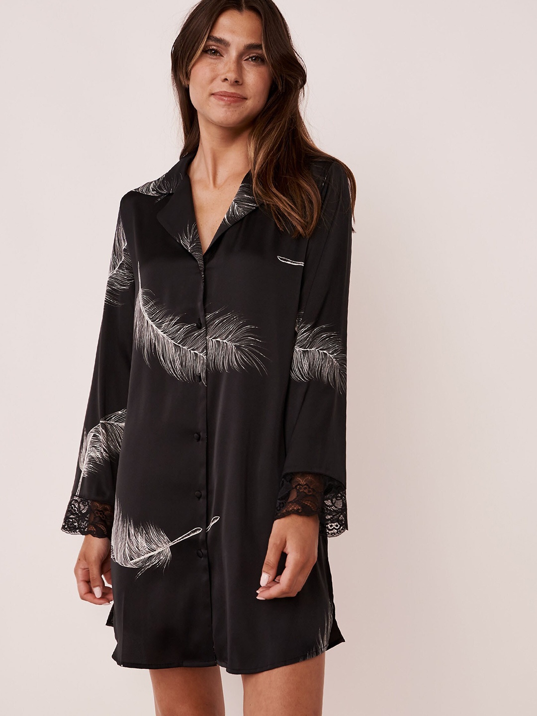 La Vie en Rose Women Black Printed Nightdress