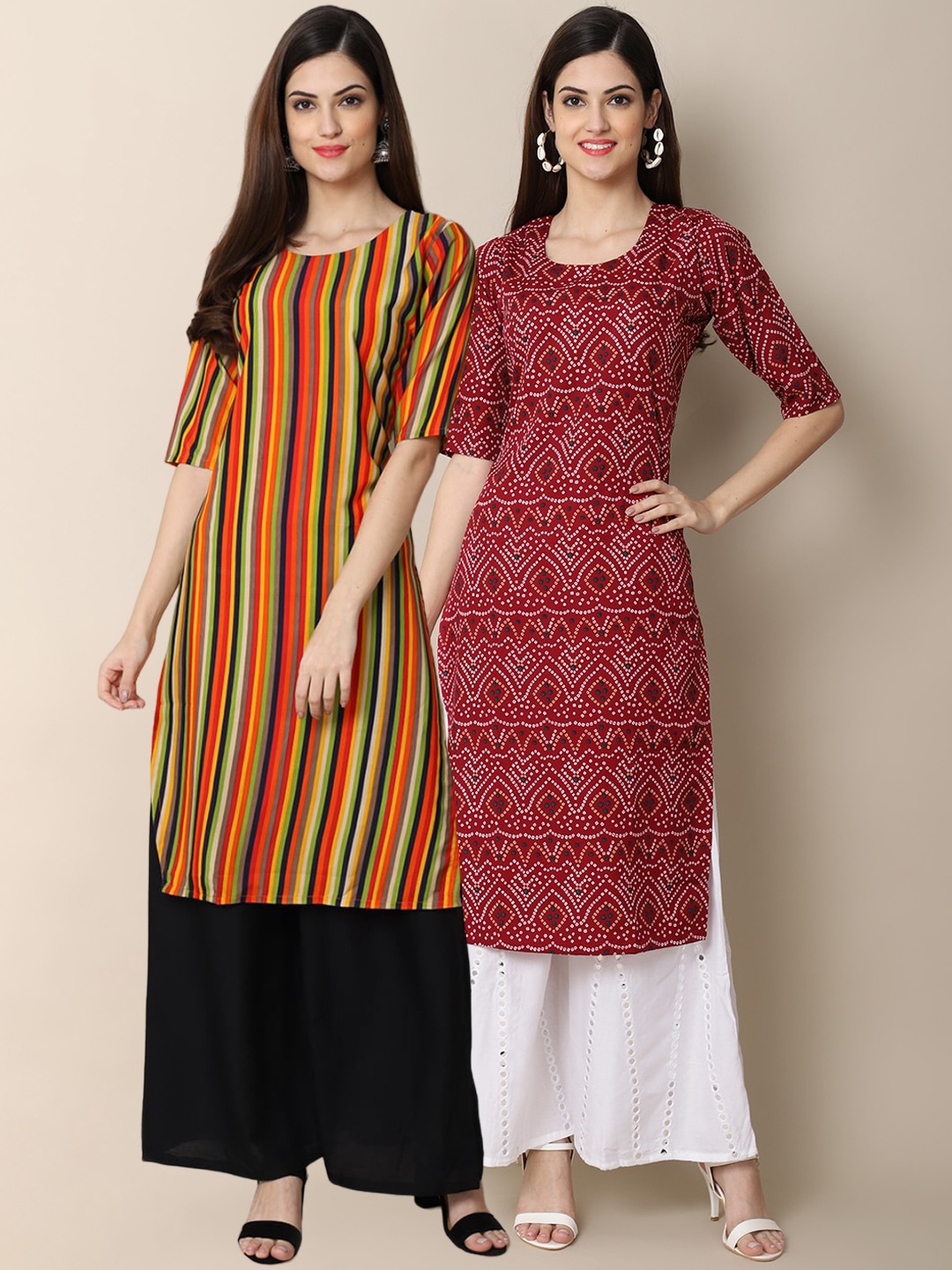 Ethnic basket Women Pack Of 2 Multicoloured Striped Block Print Crepe Kurta, Multi
Ethnic basket Women Pack Of 2 Multicoloured Striped Block Print Crepe Kurta, Multi