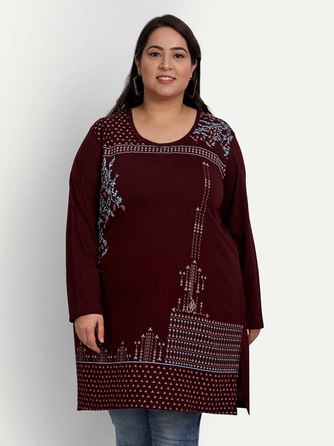 CUPID Women Plus Size Maroon & Blue Floral Print Top