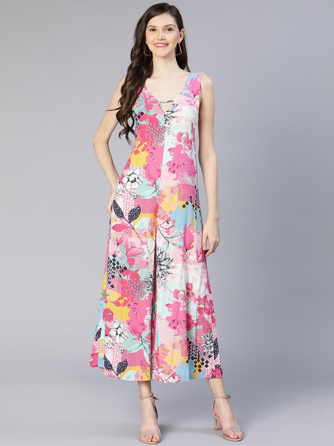 Oxolloxo Women Pink & White Printed Basic Jumpsuit