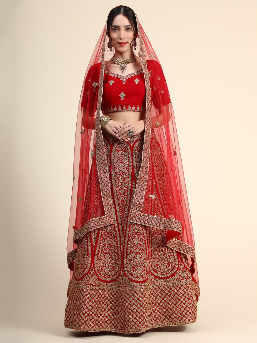 Phenav Red & Gold-Toned Embroidered Thread Work Ready to Wear Lehenga & Blouse With Dupatta
Phenav Red & Gold-Toned Embroidered Thread Work Ready to Wear Lehenga & Blouse With Dupatta