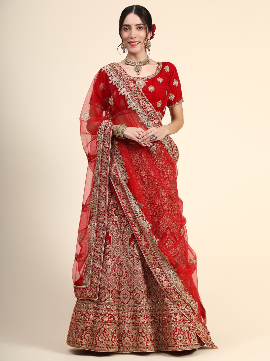 Phenav Red & Gold-Toned Embroidered Thread Work Ready to Wear Lehenga & Blouse With Dupatta
Phenav Red & Gold-Toned Embroidered Thread Work Ready to Wear Lehenga & Blouse With Dupatta