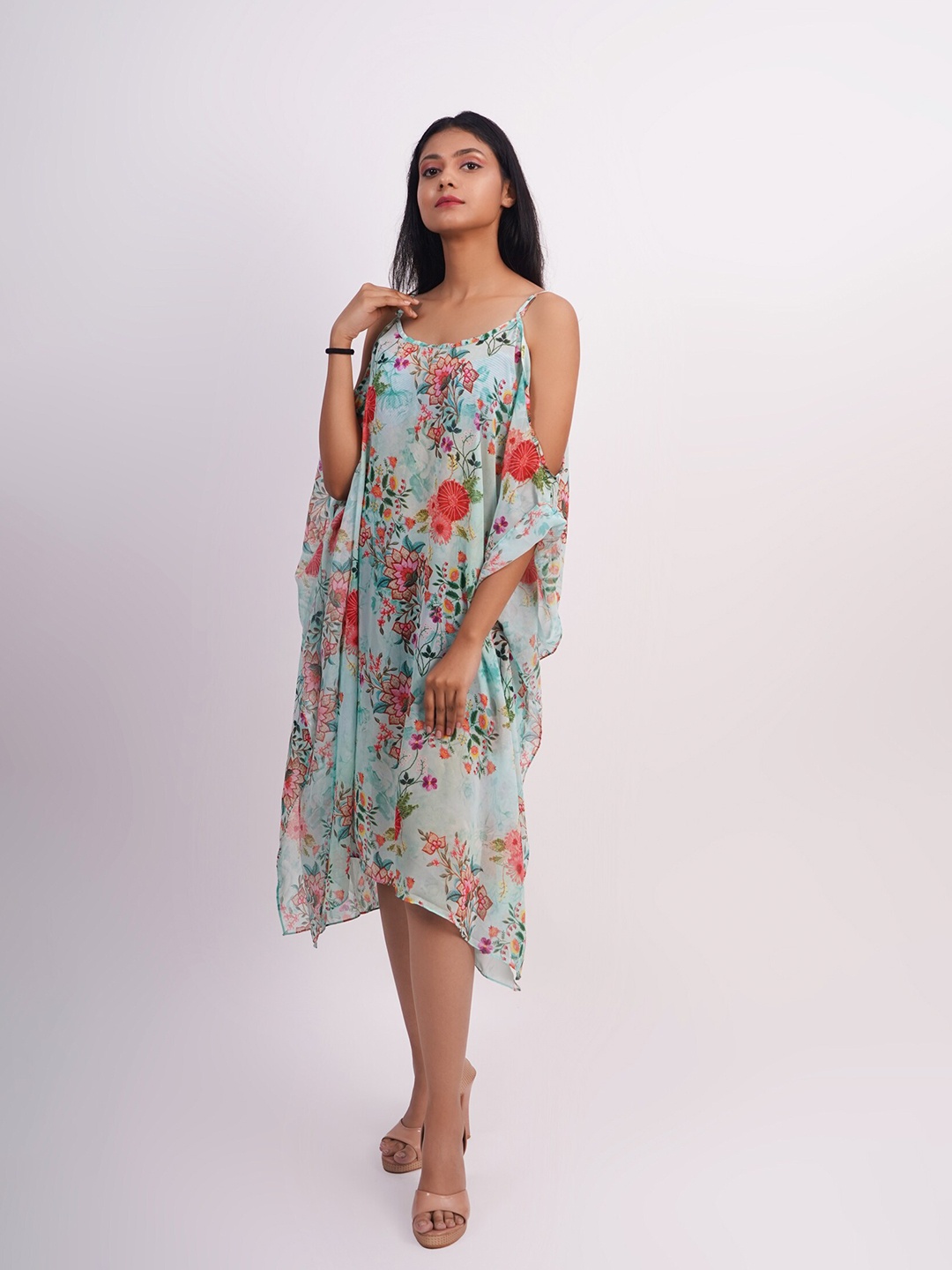 Rajoria Instyle Blue & Pink Floral Georgette A-Line Midi Dress