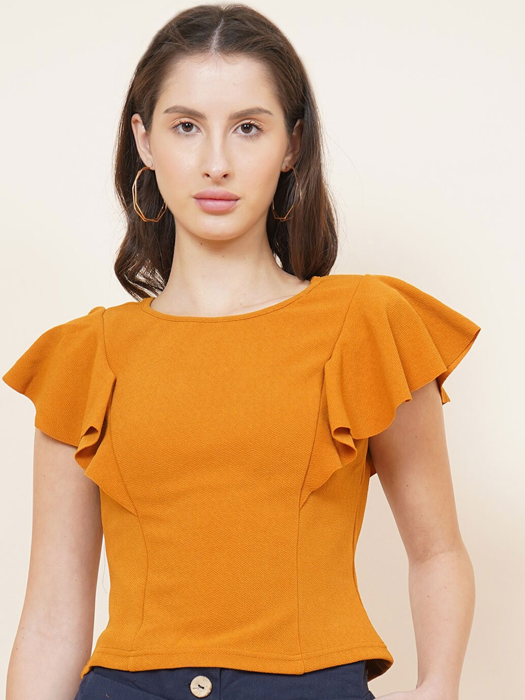 DIVA WALK EXCLUSIVE Mustard Yellow Flutter Sleeves Crop Top