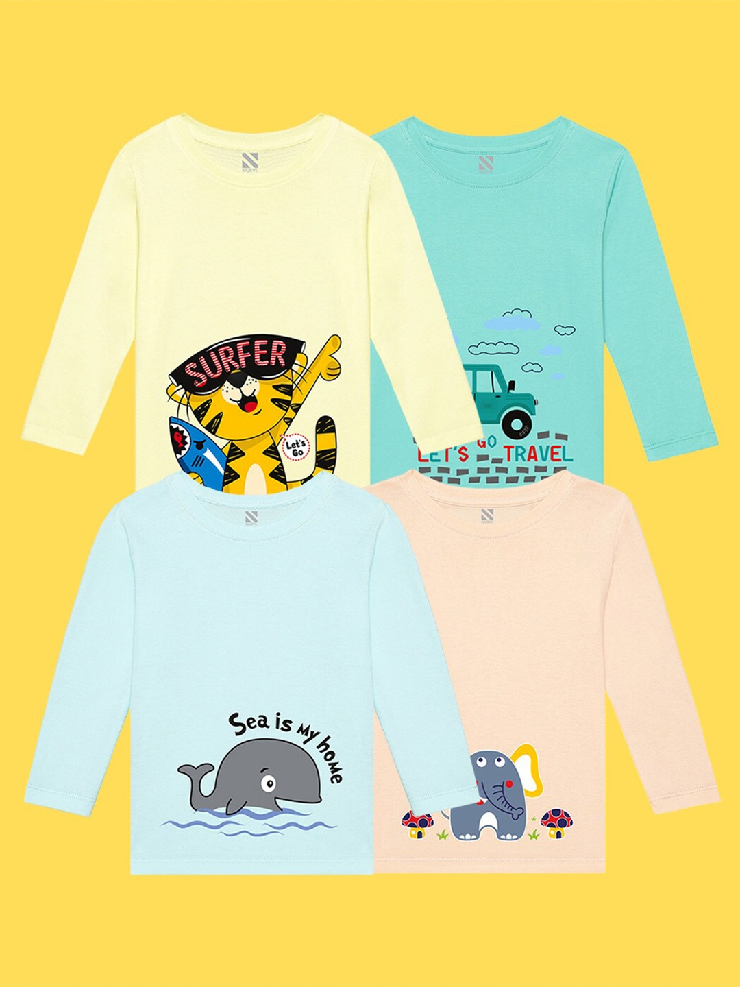 NUSYL Kids Pack of 4 Printed Applique T-shirt, Green