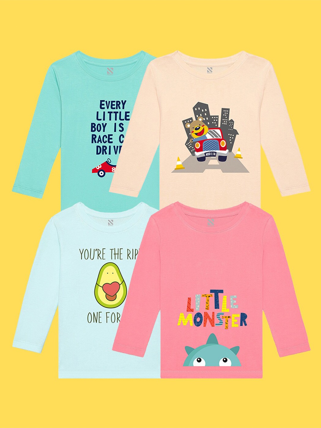 NUSYL Kids Pack of 4 Printed Applique T-shirt, Green