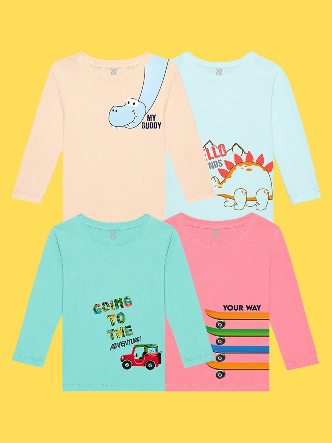 NUSYL Kids Pack of 4 Graphic Printed Cotton T-shirt, Green