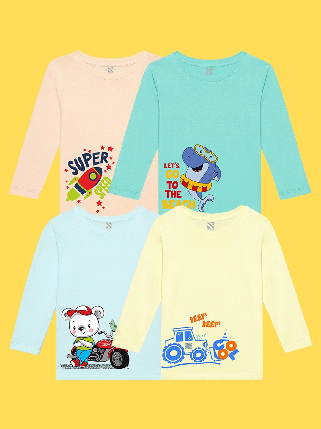 NUSYL Kids Pack Of 4 Printed Pure Cotton T-shirt, Peach