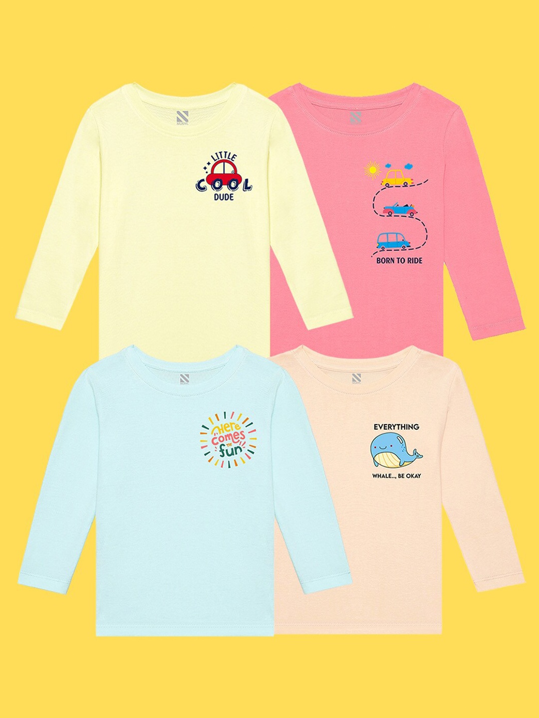 NUSYL Kids Pack Of 4 Printed Pure Cotton T-shirt, Yellow