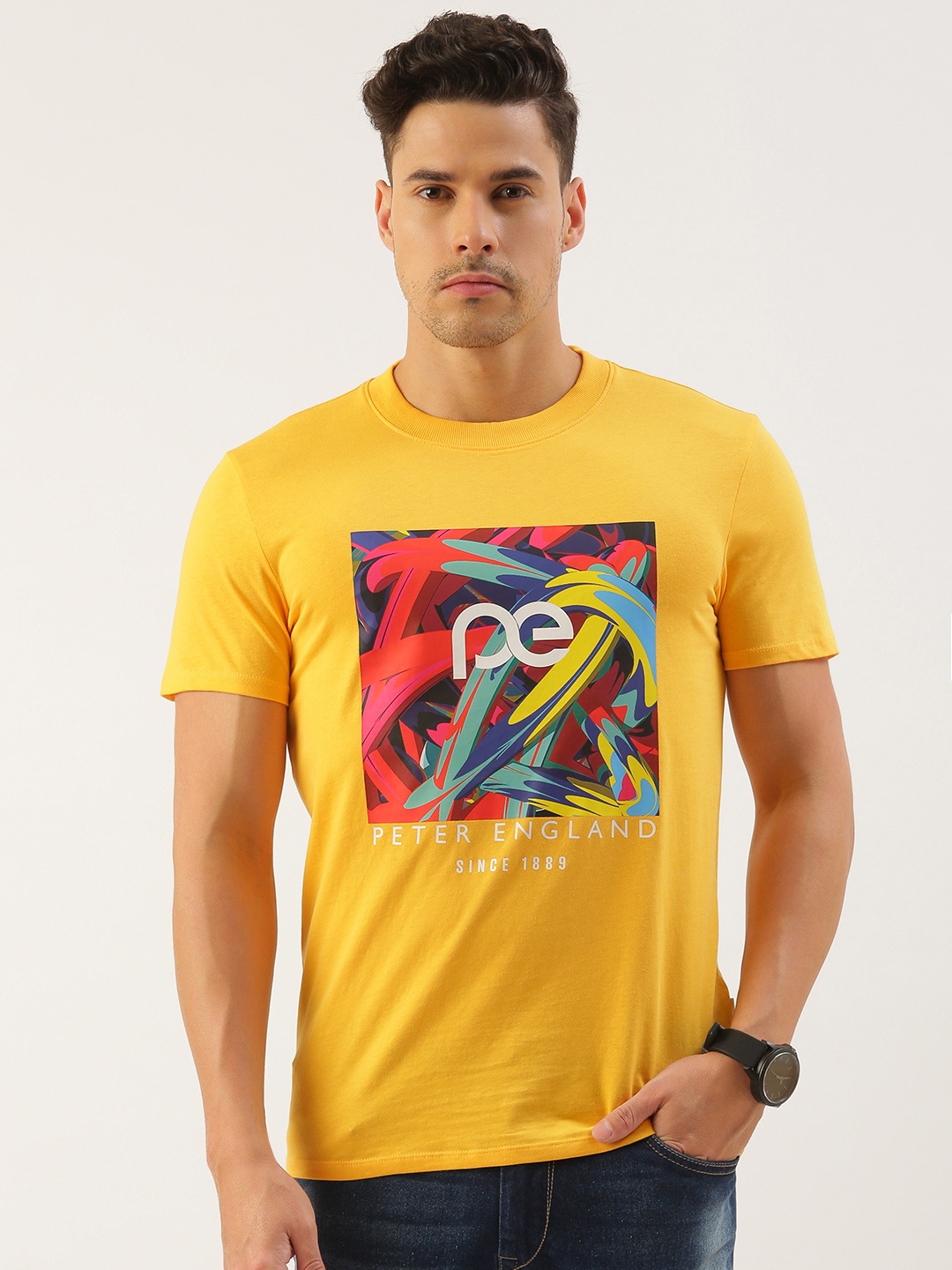 Peter England Better Jeans Company Men Printed Pure Cotton Slim Fit T-shirt, Mustard
Peter England Better Jeans Company Men Printed Pure Cotton Slim Fit T-shirt, Mustard