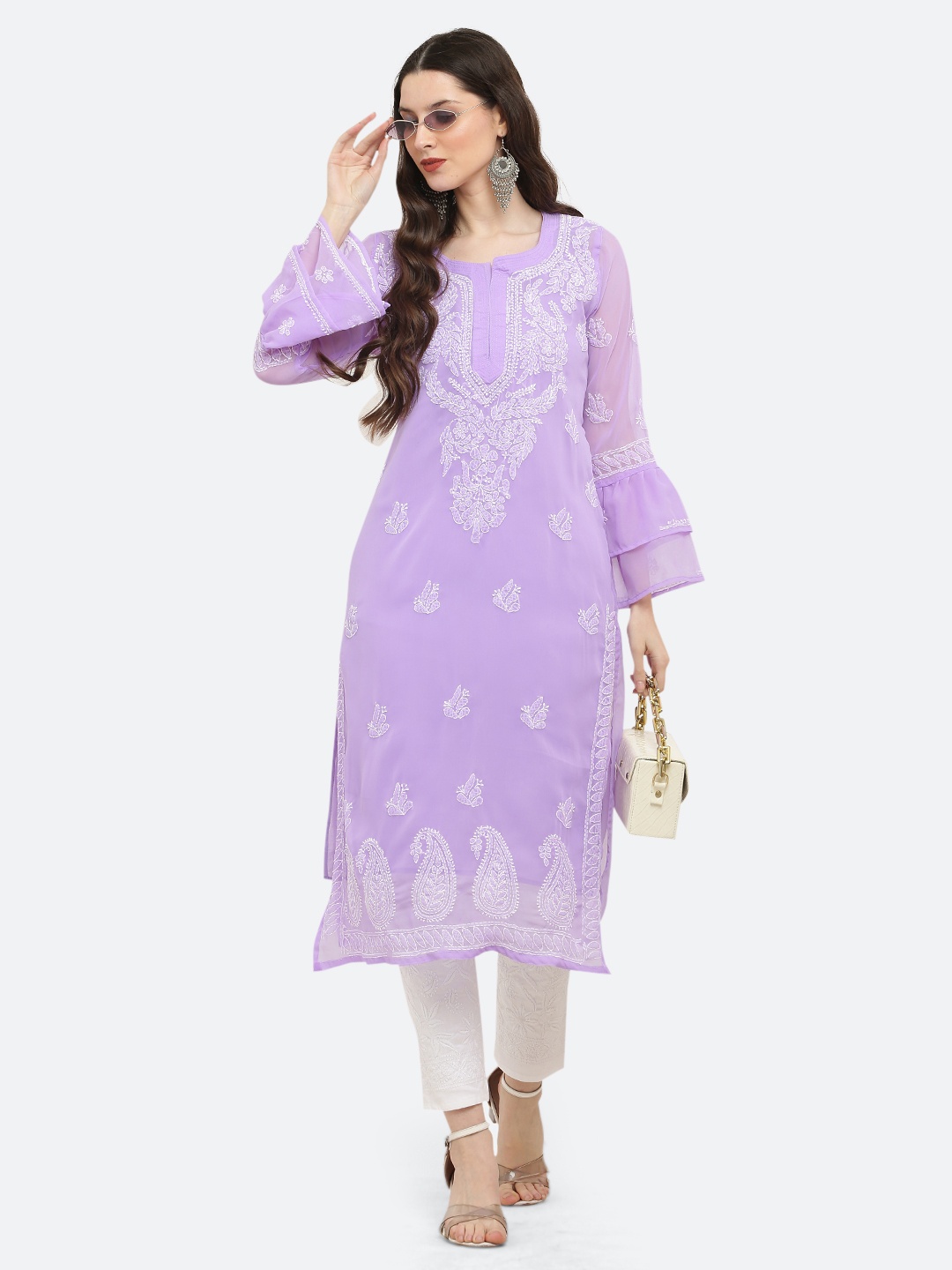 FAWOMENT Embroidered Bell Sleeves Chikankari A-Line Regular Georgette Kurta with Inner, Purple
FAWOMENT Embroidered Bell Sleeves Chikankari A-Line Regular Georgette Kurta with Inner, Purple