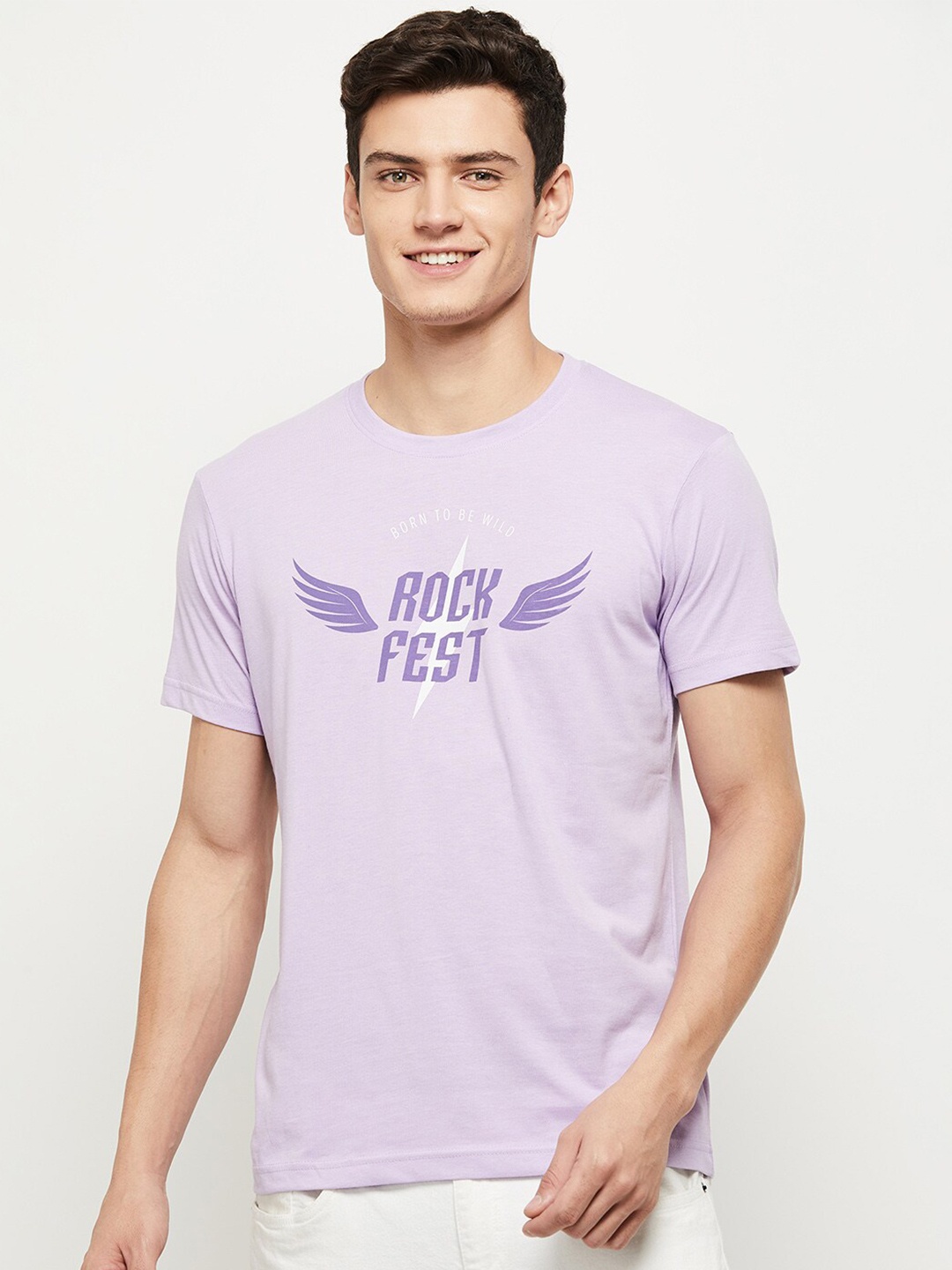 max Men Lavender Typography Printed Cotton T-shirt