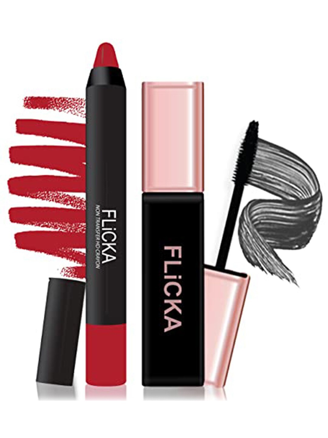 FLiCKA Set of Lipsence Lasting Matte Lipstick-Let's Go Shopping+Last it Out Mascara-Black, Red