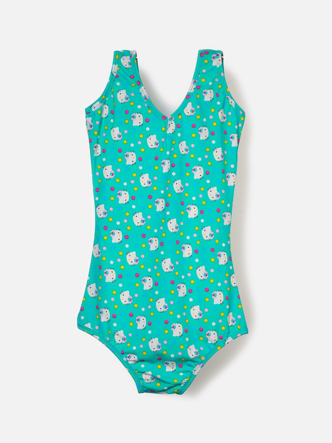 CUKOO Girls Sea Green & White Kitty Printed Swimsuit