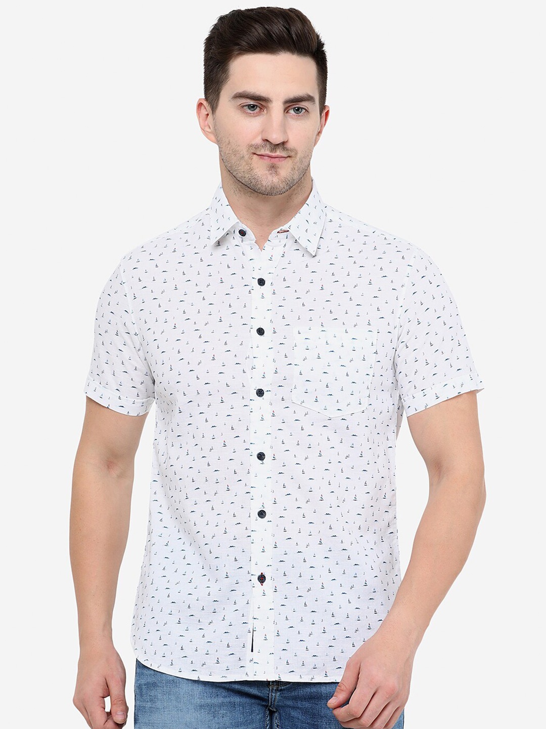 Greenfibre Slim Fit Printed Cotton Casual Shirt, White