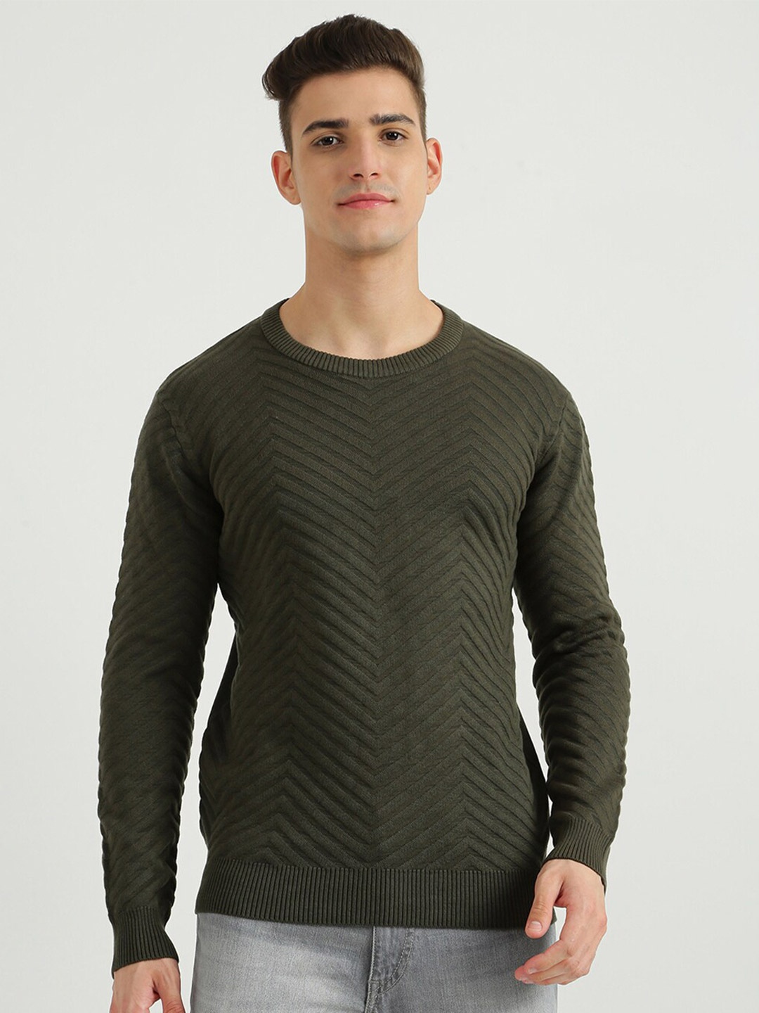 United Colors of Benetton Men Olive Green Ribbed Pullover