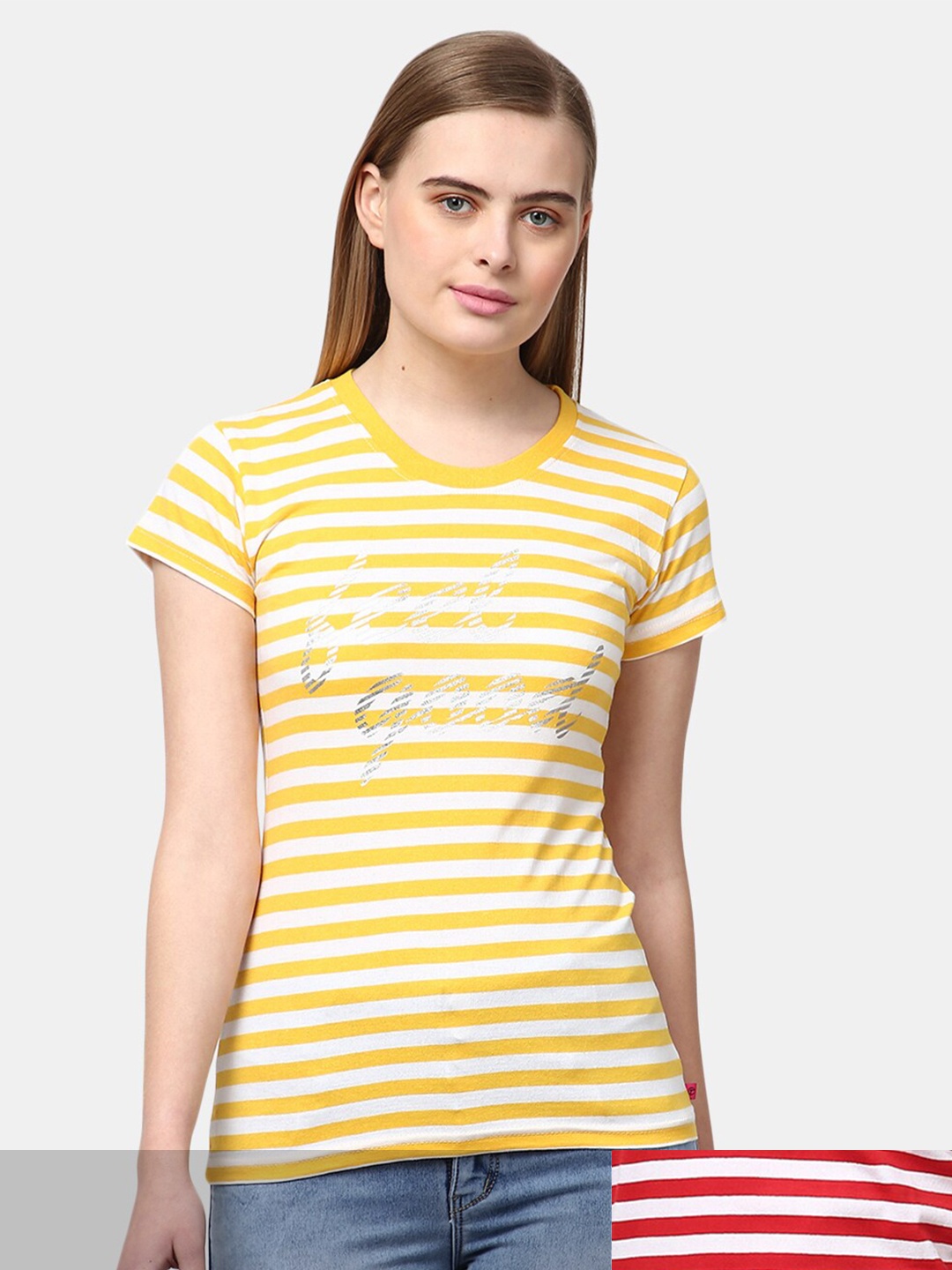 V-Mart Women Red 2 Striped Applique T-shirt