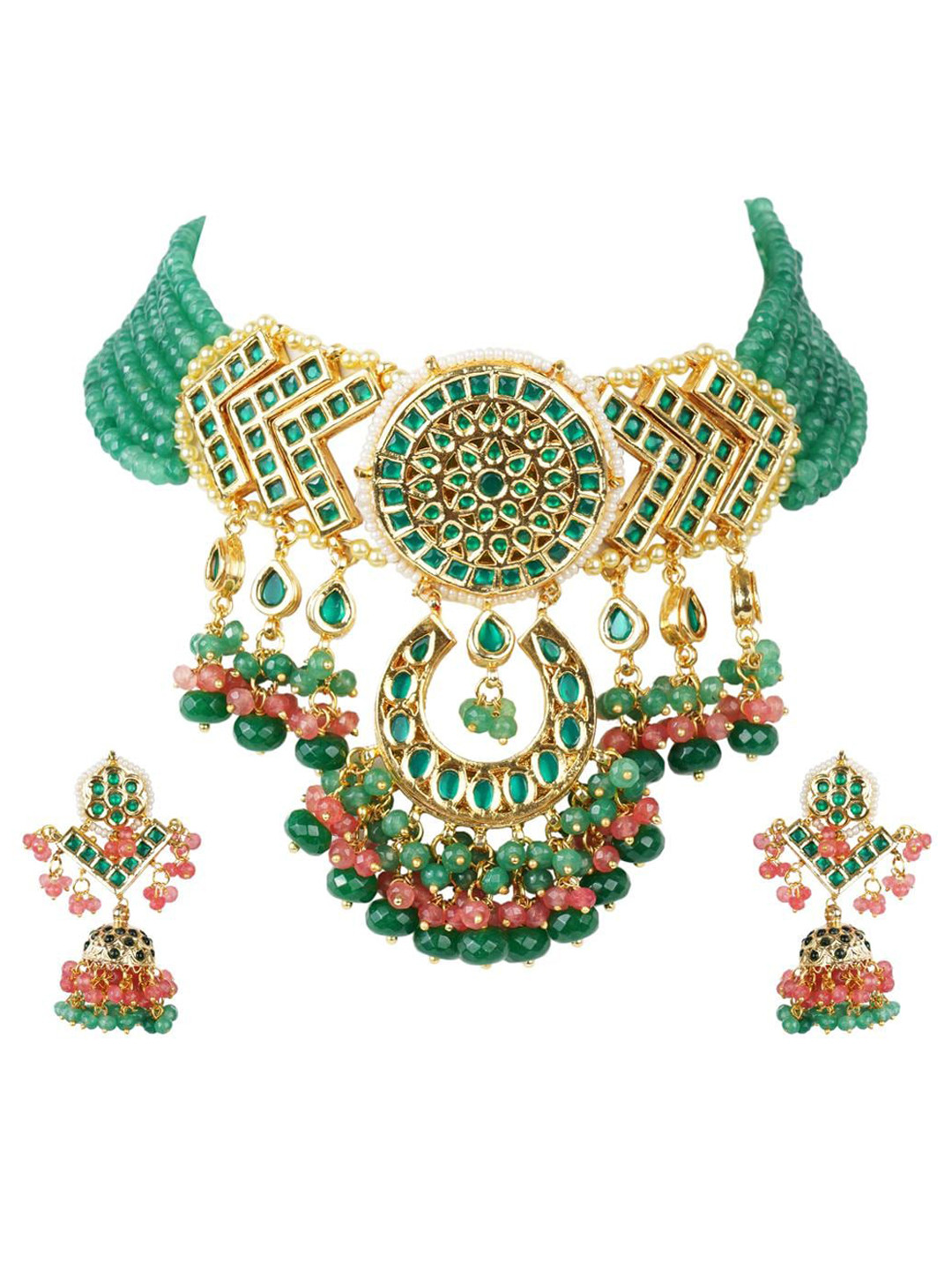AURAA TRENDS 22Kt Gold-Plated Green & Peach Coloured Kundan Studded & Beaded Jewellery Set
AURAA TRENDS 22Kt Gold-Plated Green & Peach Coloured Kundan Studded & Beaded Jewellery Set