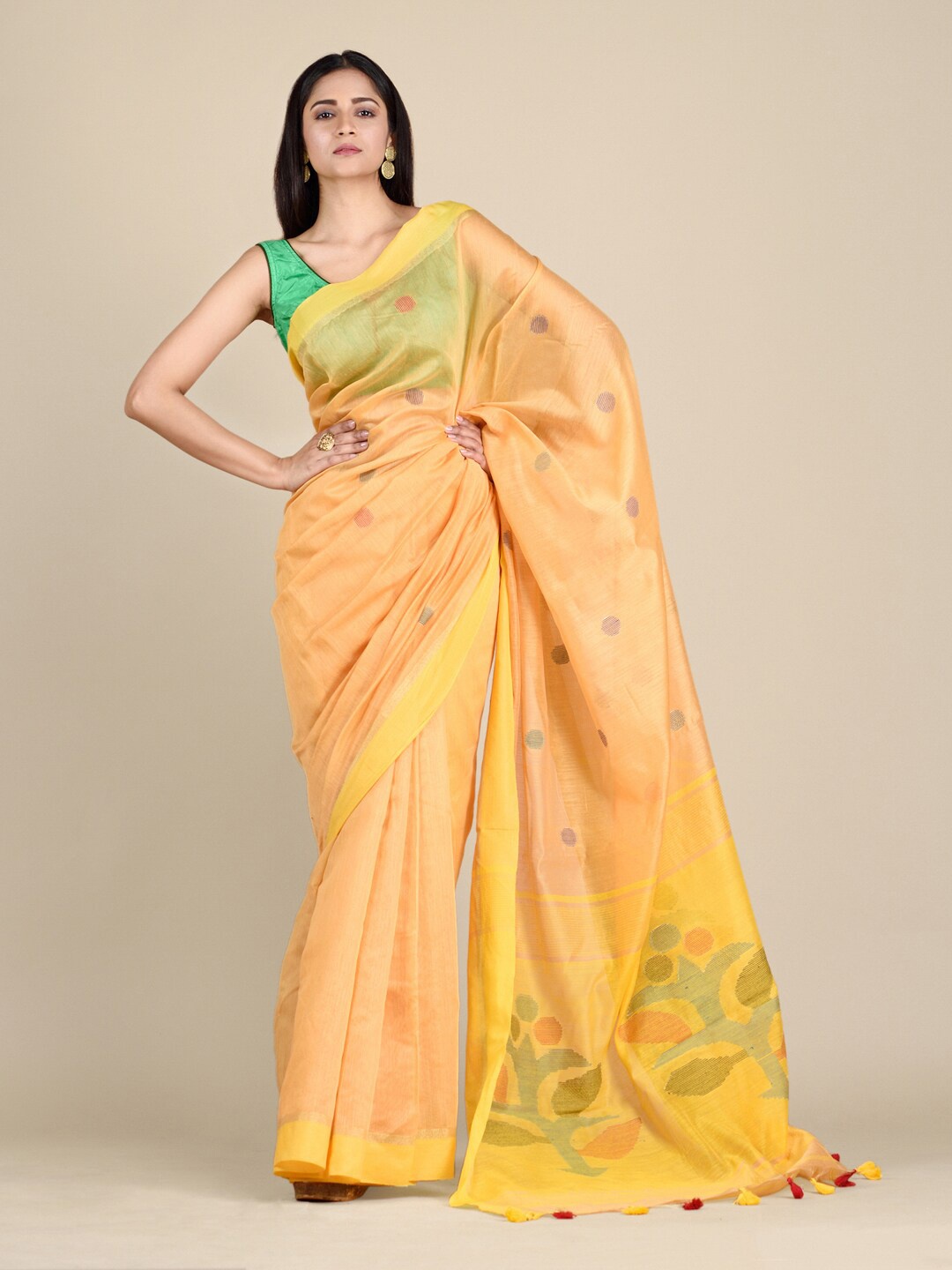 Mitera Yellow & Green Woven Design Saree