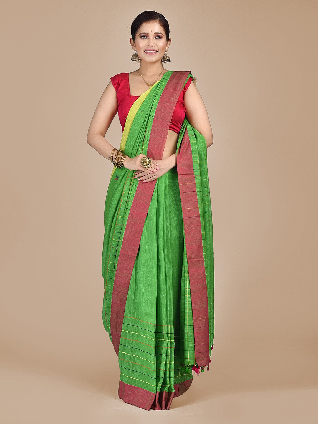Mitera Green & Maroon Pure Cotton Saree