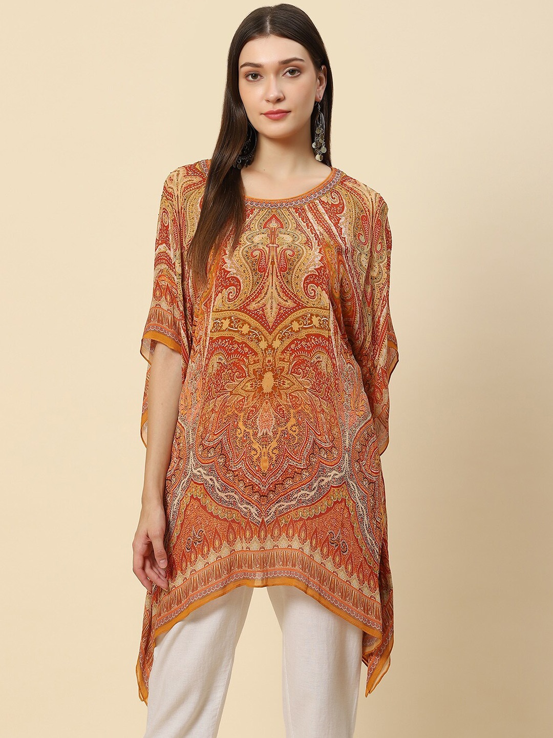 Meena Bazaar Orange Ethnic Motifs Printed Flared Sleeves Pure Georgette Kaftan Kurti
Meena Bazaar Orange Ethnic Motifs Printed Flared Sleeves Pure Georgette Kaftan Kurti