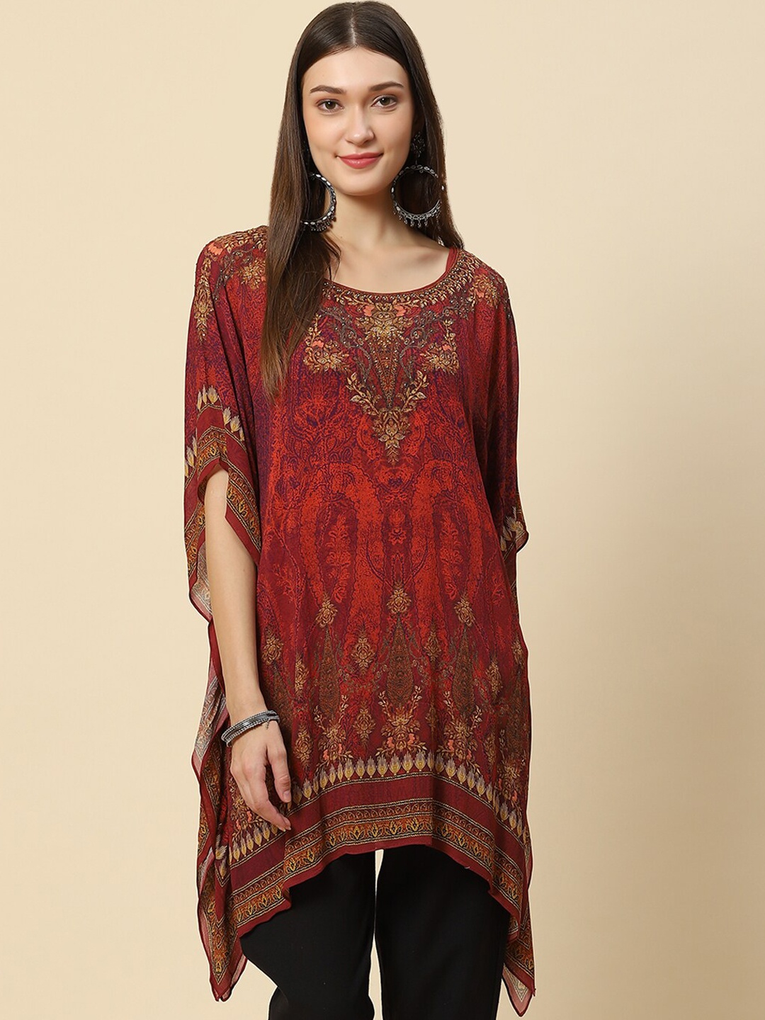 Meena Bazaar Red Ethnic Motifs Printed Extended Sleeves Pure Georgette Kaftan Kurti
Meena Bazaar Red Ethnic Motifs Printed Extended Sleeves Pure Georgette Kaftan Kurti
