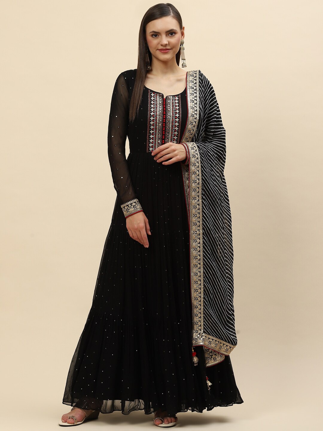 Meena Bazaar Women Black Embroidered Sequinned Silk Georgette Kurta with Churidar & With Dupatta
Meena Bazaar Women Black Embroidered Sequinned Silk Georgette Kurta with Churidar & With Dupatta
