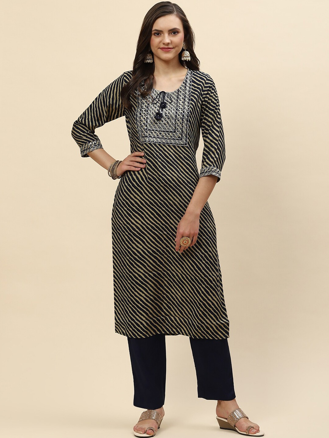 Meena Bazaar Women Navy Blue Leheriya Printed Mirror Work Dupion Silk Kurta with Trousers
Meena Bazaar Women Navy Blue Leheriya Printed Mirror Work Dupion Silk Kurta with Trousers