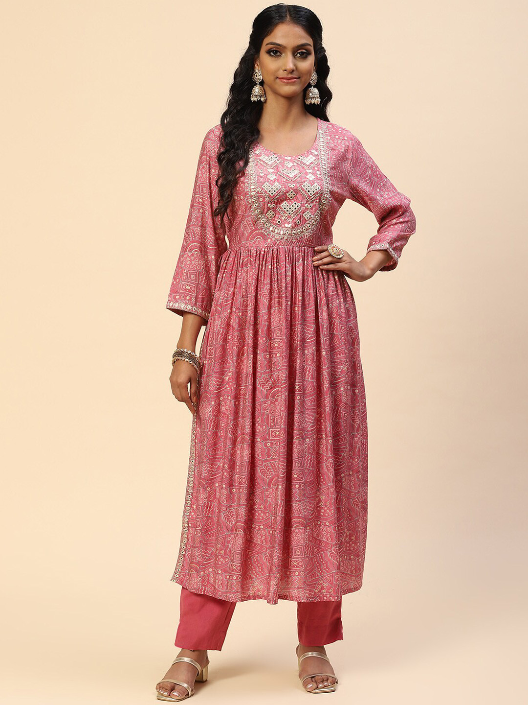 Meena Bazaar Women Pink Ethnic Motifs Printed Mirror Work Dupion Silk Kurta with Trousers
Meena Bazaar Women Pink Ethnic Motifs Printed Mirror Work Dupion Silk Kurta with Trousers