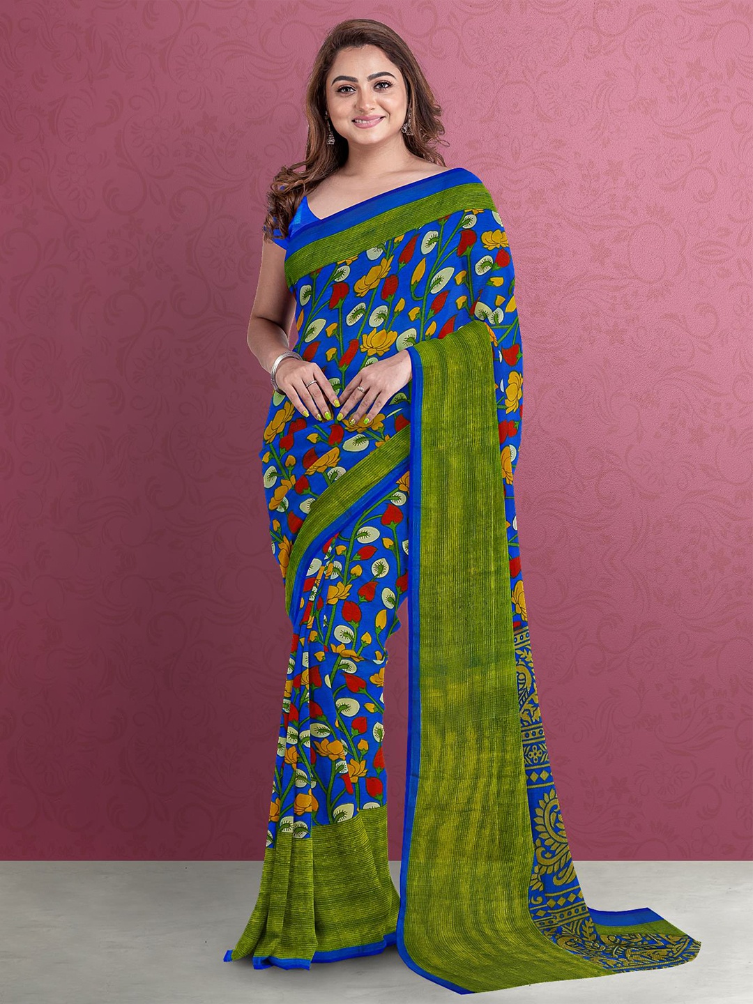 Kalamandir Blue & Green Floral Silk Blend Saree
