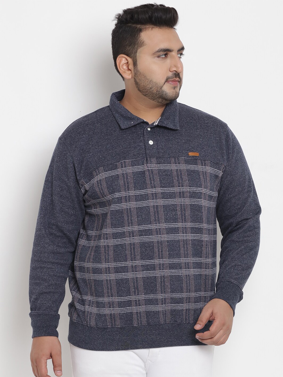John Pride Men Grey Plus Size Shirt Collar Checked Sweatshirt