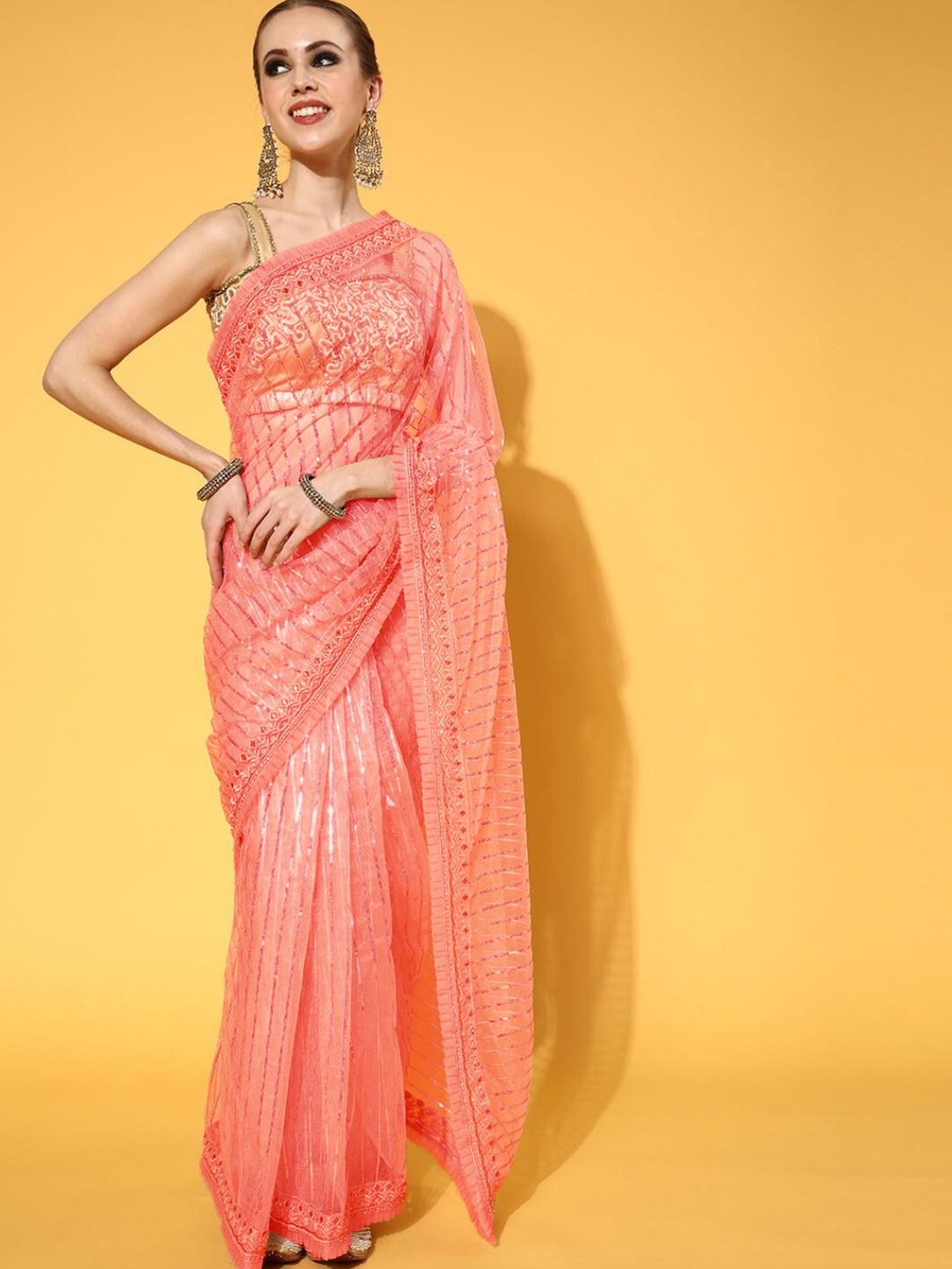 Chhabra 555 Pink Striped Embellished Net Saree
