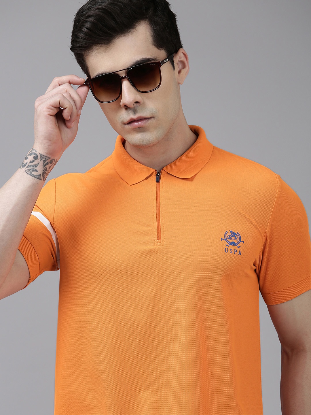 U S Polo Assn Men Solid Polo Collar T-shirt With Brand Logo Print Detail, Orange