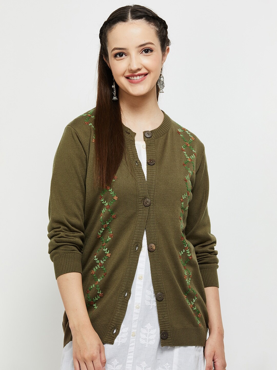 max Women Olive Green & Green Floral Cardigan